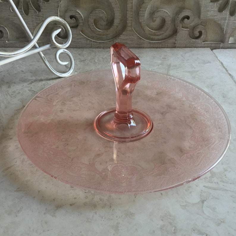 Vintage Pink Depression Glass Serving Plate Etched with Handle Etsy