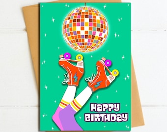 Rollerskating Birthday Card, Happy Birthday Card, Roller Girl Card, Retro Birthday Card, Fun Birthday Card, Roller Disco Card, Disco Ball