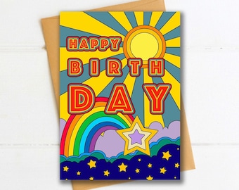 Happy Birthday Card / Rainbow, Shooting Star Card / Retro Style Children's Birthday Card / Birthday Cards for Children