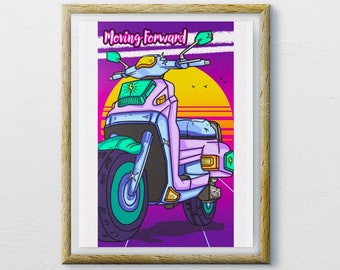 Retro Style Neon Scooter Art Print / Scooter / Motorbike / Neon Print / Moving Forward / Inspirational Prints / Wellbeing Gift Decor