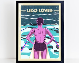Lido Lover, Art Print / Swimmer / Diver / Moonlit Poster Print / Sea Wall Art / Night Swimming / Lido Print / Swimming Pool Poster
