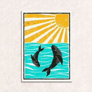 Lino Style Print, Whale Print, Sea Print, Wall Decor, Mother&#39;s Day Gift, Nursery Decor, Playroom Print, Children&#39;s Bedroom Prints, Kids