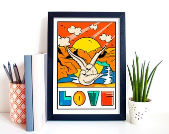 Love Art Print, Love Birds Poster Print, In Love, Love Home Decor, Wall Decor Love, For Couples, Someone Special, Bird Illustrations