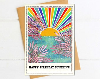 Retro Happy Birthday Sunshine / Sunny / Birthday Cards / Positive Birthday Card /Sun, Sea / Positive Cards / Vintage Style Birthday Card