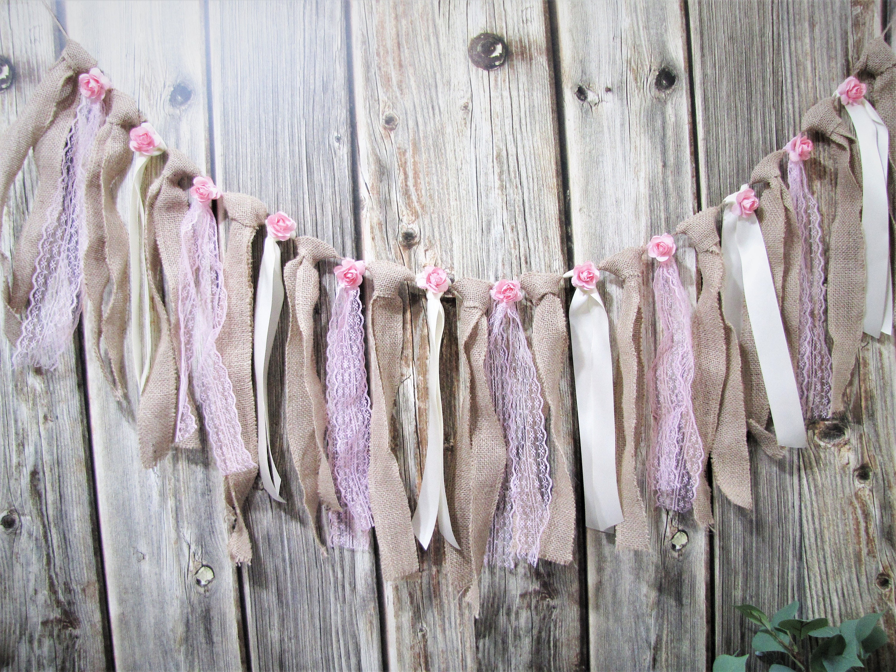 Burlap Ribbon Garland 11.8m, Blush Fabric Tassel Garland, Rustic