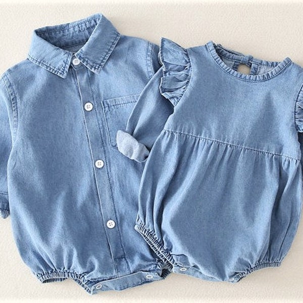 Baby Denim Romper, Rustic Denim Baby Jumpsuit, Baby Girl denim jumpsuit, Boys Denim Shirt, Baby Boy Romper, Baby Girl Denim Romper