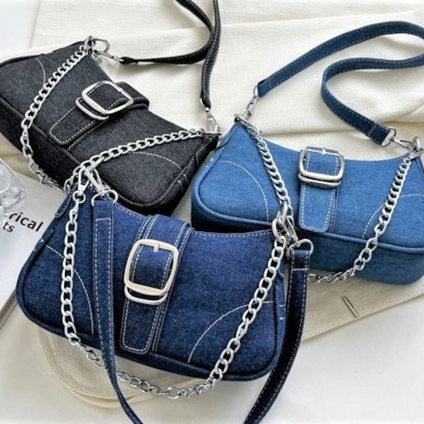 Rustic Denim Handbag, Black/Deep Blue/Light Blue Denim Clutch Bag, Boho Denim Handbag, Denim Shoulder Bag, Gifts for Her, Denim Accessories