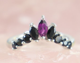 Natural Amethyst Crown Ring,Black Onyx Ring,Chevron Curved Ring,Crown Ring, Unique Gift Ring, Silver Zircon Ring, Personalized Gift ring