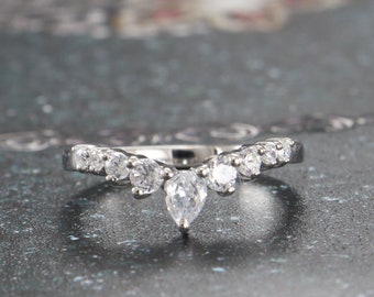 Bague couronne en argent sterling poire et zircon, anneau d'anniversaire