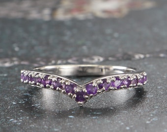 Chevron Ring,V Shape Ring,Crown Ring,Unique Valentine Curved Ring,Half Eternity Ring,Natural Gemstone Amethyst Silver Dainty Curved Rings
