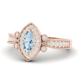 Hermoso anillo de aguamarina en estilo art déco, anillo de aguamarina para regalar, anillo de boda de aguamarina, anillo de cumpleaños, joyería con baño de rosa marquesa.