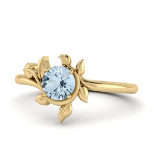 Natural Aquamarine Leaf Engagement Gold Ring, Love Promise Aquamarine Ring, Antique Aquamarine Ring, March Birthday Gift ring, Nature ring
