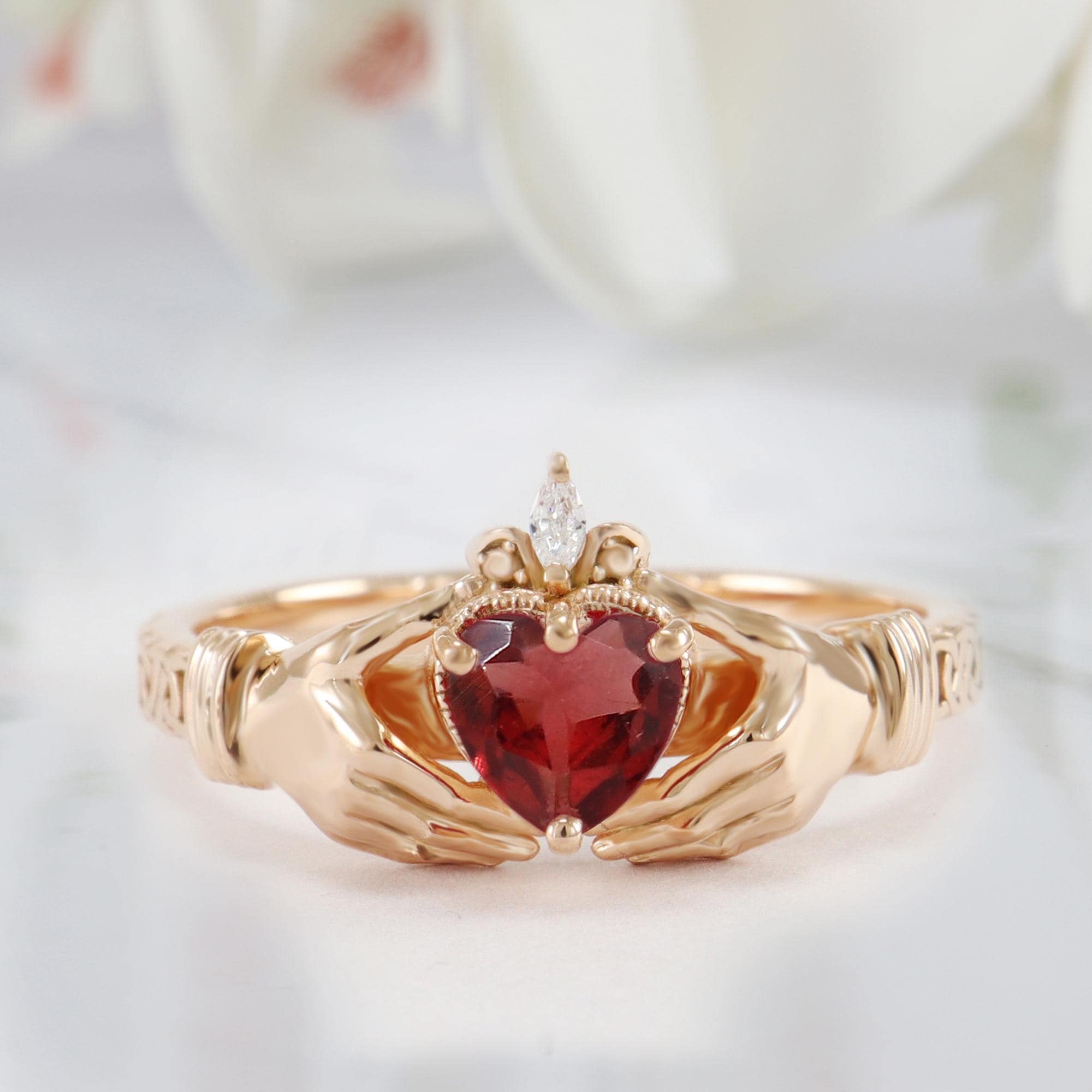 Natural Red Garnet Claddagh Heart Ring, Moissanite Accents Engagement Ring, Wedding Gift For Lovers Promise Ring, Moissanite Band Ring