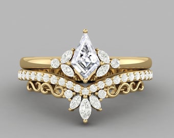 1.40ct kite shape Moissanite Yellow Gold Birthday Gift ring Crown Moissanite Couple Wedding Set, Unique Bridal Promise Wedding Ring Set Gift