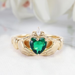 6mm Emerald Heart Shape Claddagh Engagement ring, Yellow Gold, May Birthday, Moissanite Wedding Ring, Celtic Claddagh Ring, Girls For Ring