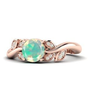 Real Ethiopian Opal with Moissanite Unique Gemstone 14K Rose Gold Ring, October Birthstone Ring, Woman Gift, Love Gift, Mom Gift, Leaf Ring