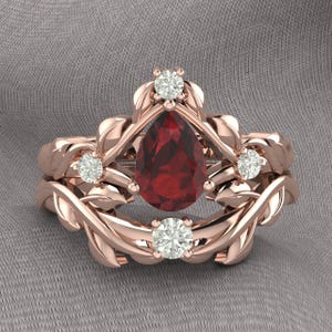 14K Rose Gold Pear Shaped Engagement Ring, Moissanite Couple Band Ring, Nature Inspired Leaf Ring, Red Garnet January Birth Gift Ring