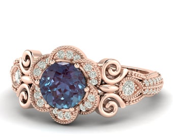 Round Shape Alexandrite Gold flower Ring, Art Deco Ring, Minimalist Ring, Bridal Gemstone Ring, Gifted Ring, Love Promise Ring