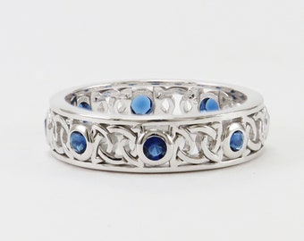 Celtic Blue Sapphire Eternity Ring, Eternity Celtic Engagement Ring, Birthday Celtic Ring, Lab Created Sapphire Ring,Bezel Set Sapphire Ring