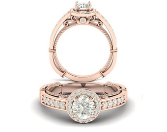 Anillos de oro macizo de 14 quilates, anillos de apilamiento de compromiso redondos, anillo de promesa, anillo de oro rosa moissanita para mujeres, anillo Art Deco único, regalo de amor