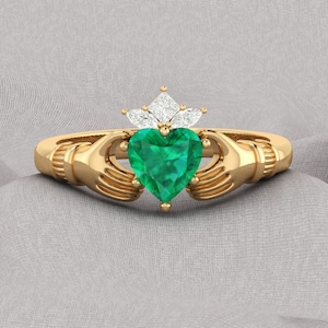 Emerald Heart Shape Claddagh Engagement Gold ring, Irish Claddagh Gift ring, Wedding Claddagh Ring, Gift for Her, Moissanite diamond Gift