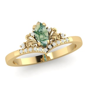 Mosagaat natuurlijke edelsteen kroon gouden ring, agaat bruids set ring, unieke mosagaat trouwring set vintage mosagaat verlovingsring