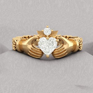 14K Yellow Gold 6mm Heart Shape White Diamond Engagement Ring, Moissanite Wedding Ring, Irish Promise Birthday Ring Claddagh Heart Gold Ring