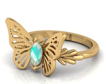 14K Yellow Gold Butterfly Opal Ring, October Birthstone