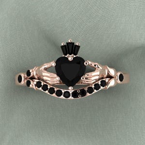 Black Onyx Claddagh Wedding Engagement Anniversary Ring, Heart Moissanite Claddagh Ring, Gift for Wife, Love Promise Ring, Handmade Jewelry