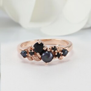 14K Rose Gold Black Pearl Nature Inspire Birthday ring, Black Onyx Wedding ring, solitaire Pearl Ring, Onyx Gifted Ring, Love Promise ring