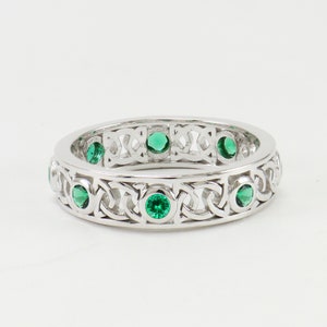 Celtic Emerald Eternity Band Ring, Eternity Celtic Wedding Ring, Birthday Celtic Ring, Lab Created Emerald Ring,Bezel Set Green Emerald Ring