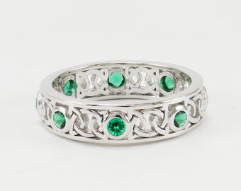 Celtic Emerald Eternity Band Ring, Eternity Celtic Wedding Ring, Birthday Celtic Ring, Lab Created Emerald Ring,Bezel Set Green Emerald Ring