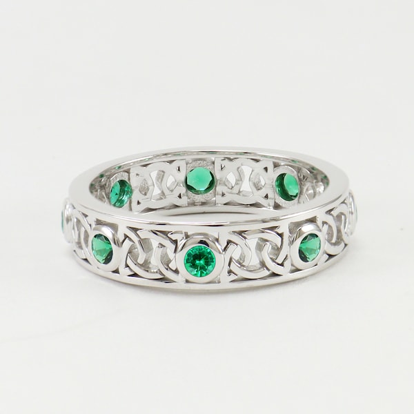 Celtic Emerald Eternity Band Ring, Eternity Celtic Wedding Ring, Birthday Celtic Ring, Lab Created Emerald Ring,Bezel Set Green Emerald Ring