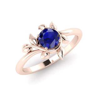 Birthday Gifted Ring, Blue Sapphire Wedding Ring, New Mom Ring, New Girlfriend Gift Ring, Leaf Engagement Ring, Nature Inspried Gold Ring