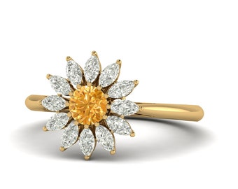 Yellow Citrine Flower Ring, 14k Gold, Moissanite Accents