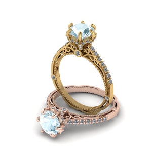 14K Gold Aquamarine with Moissanite Gold beauty ring,Aquamarine Gem Floral Art Deco Ring, Gift for her, Stylish Gold Ring,Popular Ring