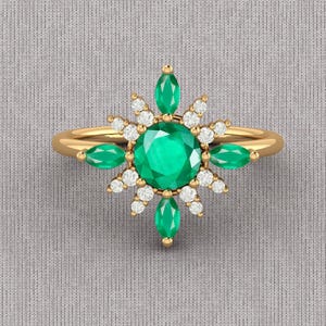 Emerald Cluster Yellow Gold Engagement Ring, Moissanite Ring, Marquise Emerald Wedding Ring, Yellow Gold Emerald Ring, Gift for Women