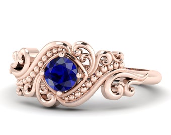 Blue Sapphire Art Deco Gold Ring, Round Cut Sapphire Engagement Ring, Filigree Blue Sapphire Wedding Ring, Unique Gold Ring