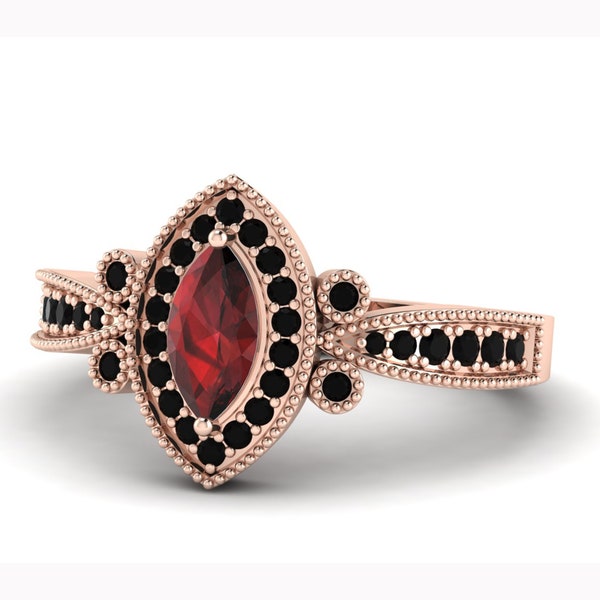 8x4mm Red Garnet Gold Ring, Black Onyx with Garnet Gold Engagement Ring, Natural Gemstone Bridal  Ring, Unique Ring, Art Deco Garnet Ring