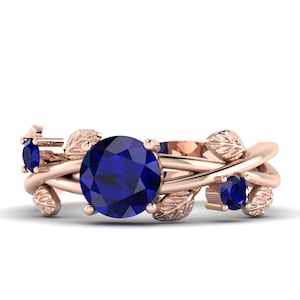 Round 7mm Blue Sapphire Gold Engagement Ring, Leaf Flower Blue Sapphire Gold Ring, Mother Gift, Mom gift, Best Friend Gift