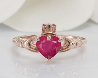 Rubin Keltischer Knoten Ring Irische Krone Herz Roségold Verlobungsring, Frauen Claddagh Ring Silber, Irisches Versprechen Ring Claddagh Solitaire Ring
