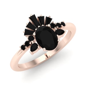 Vintage Oval Shaped Black Onyx Engagement Ring Set For Women Crown Black Onyx Wedding Ring Bridal Ring Set Anniversary Ring Set Fancy Band