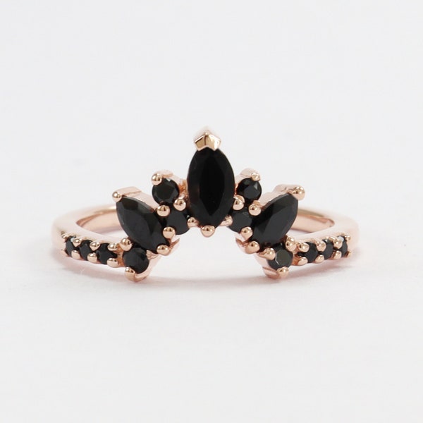 AAA Black onyx wedding Marquise Band Ring, rose gold Plated Women curved Matching Stacking ring Unique Jewelry Promise Anniversary,Gift ring