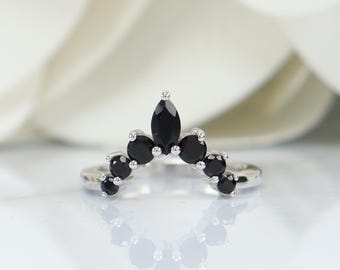 Black Onyx Sterling Silver Tiara Ring, Handmade Crown Ring