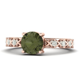 Moldavite with Moissanite Round Shape Ring, 14K Rose Gold Moldavite Ring, Unique Moldavite Gemstone Ring, Birthday Moldavite Gift, Love Gift