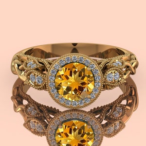 925S Silver Round Cut Citrine Natural Rings,Citrine Halo Zircon Ring,Promise Dainty Unique Anniversary gift,Gift for Her,Personalized Gift