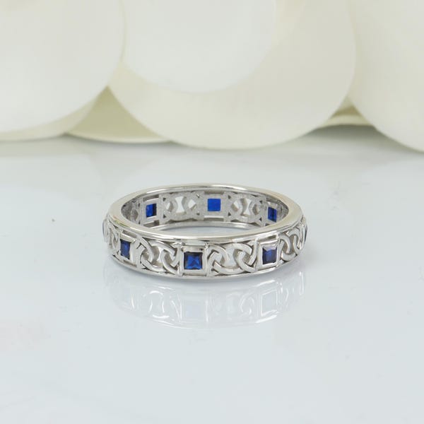 Princess cut Celtic Blue Sapphire Eternity Ring, Eternity Celtic Engagement Ring, Custom Ring