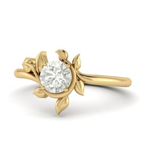 Leaf Engagement Moissanite Gemstone Ring, Round Shape Moissanite Ring, Engagement Band Ring, Wedding Gold Gift ring, Diamond Ring