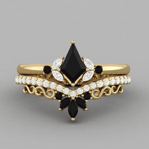 0.85 ct AAA black onyx kite shape solitaire with matching bands, Unique Promise Anniversary Ring Gift bridal ring, Engagement Two ring set