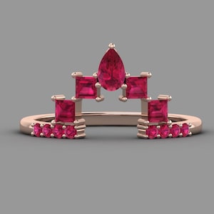 Pear Shape Crown Tiara Ring, Ruby Gemstone Cluster Ring, Gift for Jacket ring, July Birthday Gift Ring, Stackable Ring, Solitaire Band ring